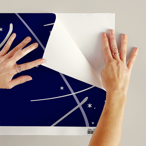 The artwork consists of a deep navy blue background adorned with numerous white star-like shapes scattered throughout, creating a celestial atmosphere. Over this starry field, several sweeping, curved white lines intersect and flow diagonally across the canvas, adding dynamic movement to the composition. The overall effect is a stylized and abstract representation of a night sky with constellations or cosmic trajectories.